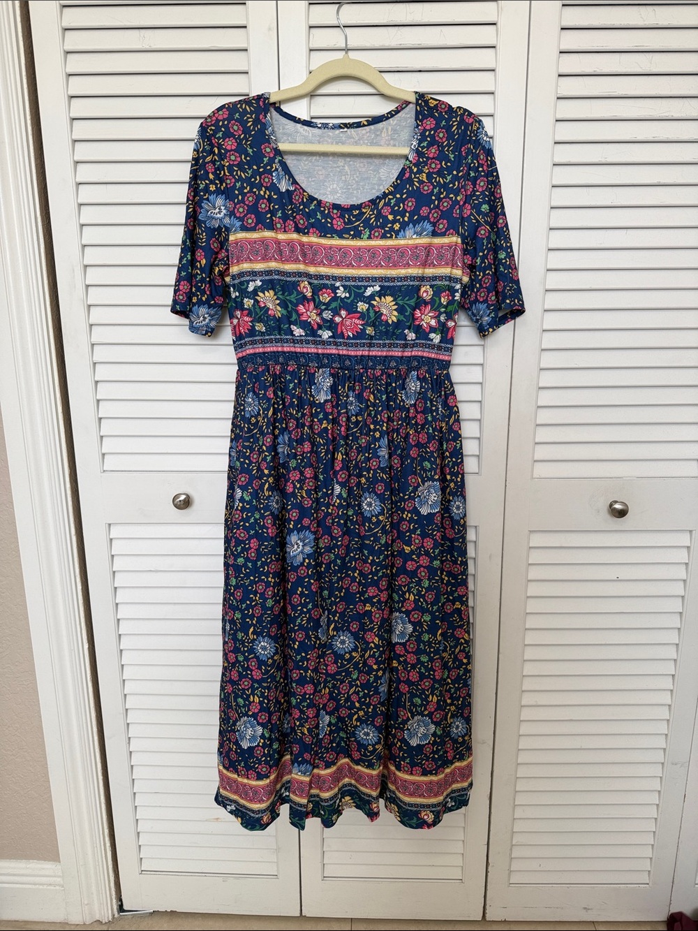 Floral Navy Midi Dress with Pink and Yellow Accents